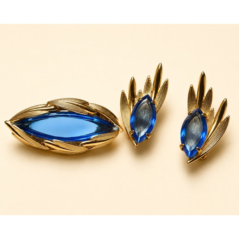 Vintage Blue Atomic Demi Parure Brooch Clip Earrings Mid Century Glass Set